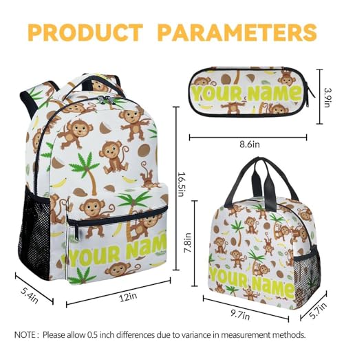 Customized Monkey Backpack with Lunch Box - Set of 3 Personalized School Backpacks Matching Combo - Cartoon White Bookbag and Pencil Case Bundle4