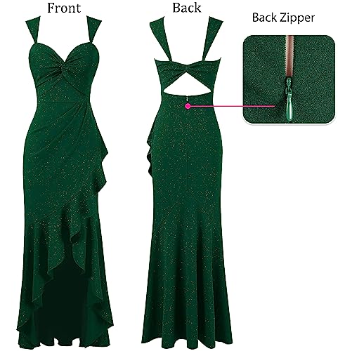 Image of VFSHOW Womens Glitter Sweetheart V Neck Twist Front Backless Ruched Ruffle Slit Formal Evening Gown Maxi Dress
