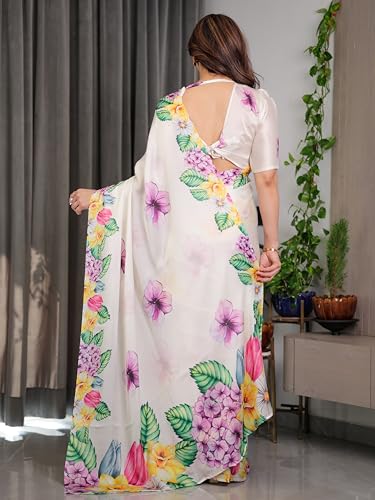 Image of ALMAARI FASHION Satin Georgette Floral Printed Saree with Blouse, 5.5 Meter Saree with 0.8 Meter Blouse, Traditional (SG 113 H)