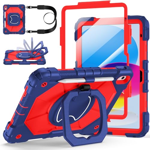 Image of Case for iPad (A16) 11th Generation 11 Inch 2025, Ubearkk for iPad 10th Generation 10.9 inch 2022 case with Screen Protector 360 Degree Rotating Stand Shoulder Strap Pencil Holder, Navy Red