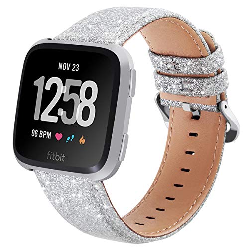 KADES for Fitbit Versa Bands, Classic Leather Band Replacement Strap Compatible for Fitbit Versa Lite Smart Watch Women (Silver Glitter)