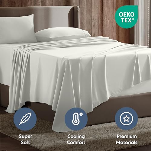 Image of Nestl Split King Bed Sheet Set - Off White - 5-Piece Deep Pocket | Instantly Soft, Night-One Ready (No Wash Required). Fits 16-Inch Deep Pockets, 360-Degree Elastic Grip