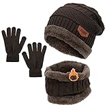 Durio Kinder Mütze Schlauchschal Handschuhe Mütze Set Wintermütze mit Fleece Gefütterte Strickset für Jungen und Mädchen Braun Einheitsgröße