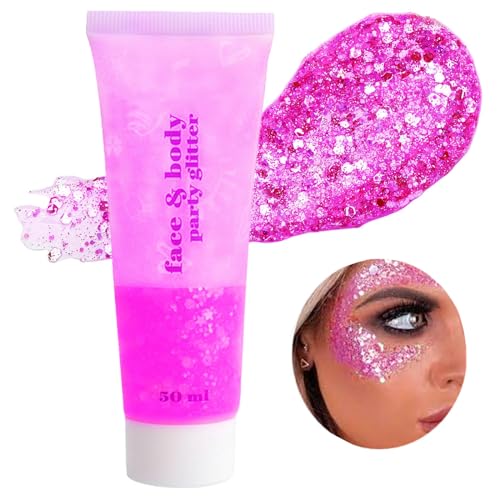 Go Ho Hot Pink Face Body Glitter Gel Singer Concerts Hot Pink Face Paint Makeup Holographic Chunky Sequins Glitters for Eye Lip Hair Nails Festival Rave Accessories 52g