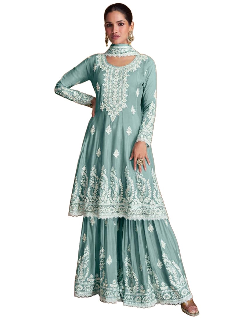 Miss Ethnik Women's Light Blue Faux Georgette Stitched Top With Bottom and Dupatta - Full Sleeve Embroidered Flared Top (ME-1125-Light Blue)