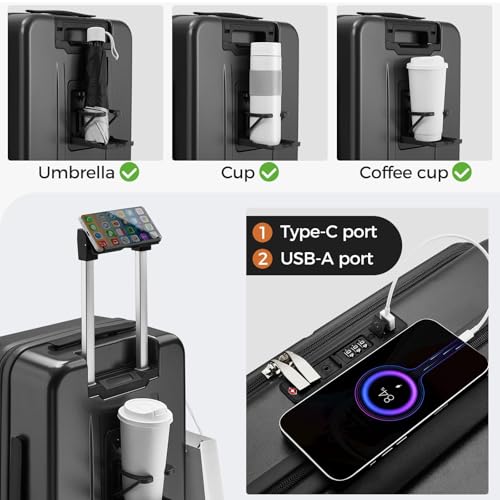 Image of Carry On Luggage Top Opening with Cup Holder & Phone Holder, Expandable PC Hard Shell Suitcase with USB Charging Port, Side Hook, 360 Spinner Wheels, TSA Lock & YKK Zippers