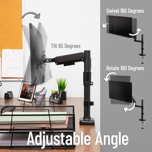 Image of Mind Reader Single Monitor Arm for 13-32 Inch Screens, Gas Spring VESA Desk Mount, 180 Rotation, ±180 Swivel, ±65 Tilt, Integrated Cable Management, Holds up to 19.8 lbs, Black