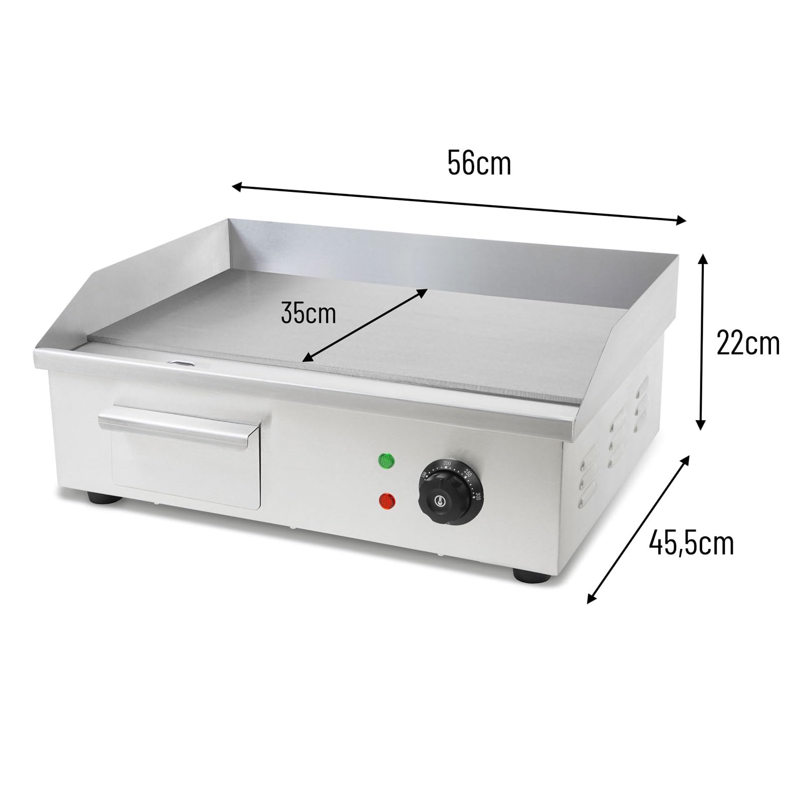 VERTES Plancha Grill 3000 W ze stali nierdzewnej Powierzchnia grillowa gładka 55 x 35 cm, termostat, temperatura 50-300°C, ochrona przed rozpryskami i ciepłem, pojemnik na tłuszcz