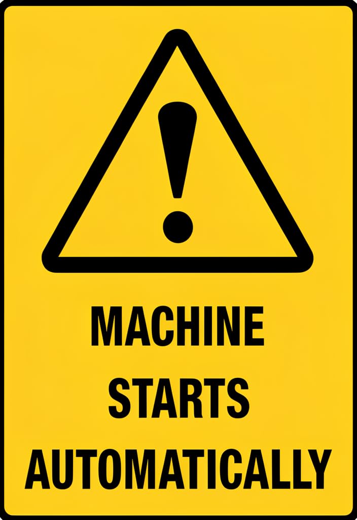 peiyeety Machine Starts Automatically Warning Tin Sign 12x8 Inch, Yellow Industrial Caution Metal Plaque with Exclamation Symbol, Retro Safety Wall Decor for Workshop, Garage, Factory, Man Cave Gift