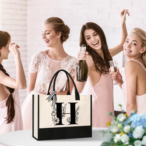 Image of Tecanne Personalized Initial Canvas Tote Bag, Suitable for Birthday, Wedding, Beach, Holiday, Gifts for Women, Mom, Teachers, Nurses, Best Friends, Bridesmaids (H)