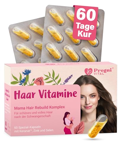 PregniVital - KERANAT Haar Vitamine - Mama Hair Rebuild Komplex mit 300mg Keranat (flüssiger Hirsesamenextrakt Miliacin Linolsäure und Ceramiden) + Zink und Selen - 60 Haarkapseln