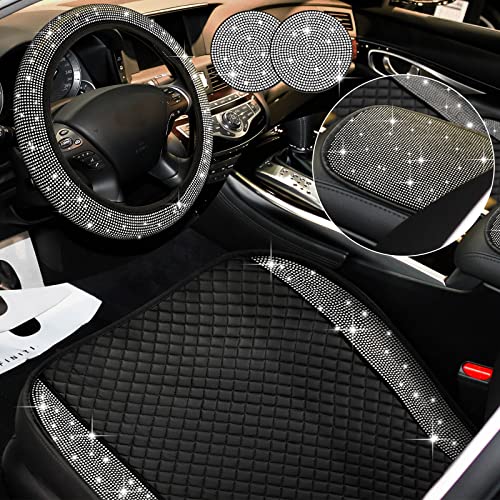 6 Pcs Bling Leather Car Seat Cover Rhinestone Seat Cushion Set for Women Bling Front Driver Seat Pad Mat Steering Wheel Cover Bling Car Cup Holder Armrest Cover Universal Fit Most Vehicles