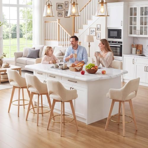 Image of Zesthouse Swivel Counter Stools Set of 2, Wooden Counter Height Bar Stools | 26 inch Farmhouse Counter Stools with Back & Arm, Upholstered Linen Fabric Barstool with Solid Wood Leg, Beige Island High Chair