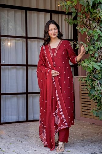 Image of PARTHVI Women's Pure Cotton Printed Straight Kurta Set with Palazzo Pants & Dupatta- Ethnic Wear, Red