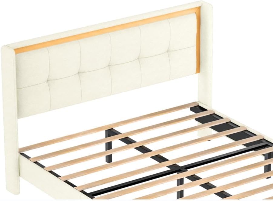 Miniatura 4 de Base de cama matrimonial tapizada moderna con cabecero, base de cama de tamaño matrimonial con almacenamiento debajo de la cama y listones de