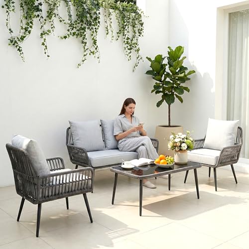 Image of OUTLIVING Outdoor Sofa Set | Balcony Sofa | Patio Furniture Sets | Conversation Sets | Braid & Rope Garden (4 Seater- Light Grey)