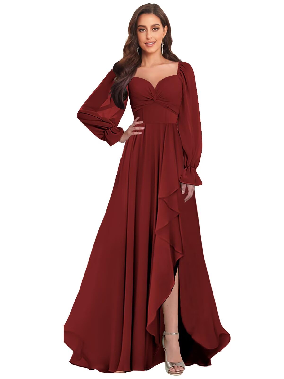 VCCICANY Long Sleeve Chiffon Bridesmaid Dresses for Women Sweetheart Ruffle Ruched Formal Evening Gowns with Slit