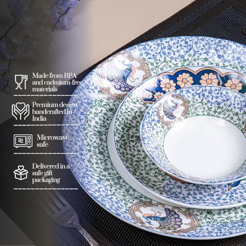 Image of GOLDEN QUEEN'S Handcrafted 12 Pieces Dinner Set | 4 Dinner Plates, 4 Small Bowls & 4 Snack Plates | Perfect for Hosting Guests and Daily Meals - Indian Peafowl
