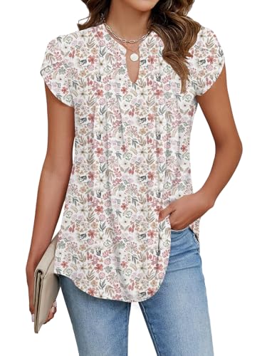 Cuptacc Blouse Femme Chic et Élégant Col en V Tunique Femme Casual plissée Manche Courte Top Blanc Rouge Feuilles Floral, XL 46-48