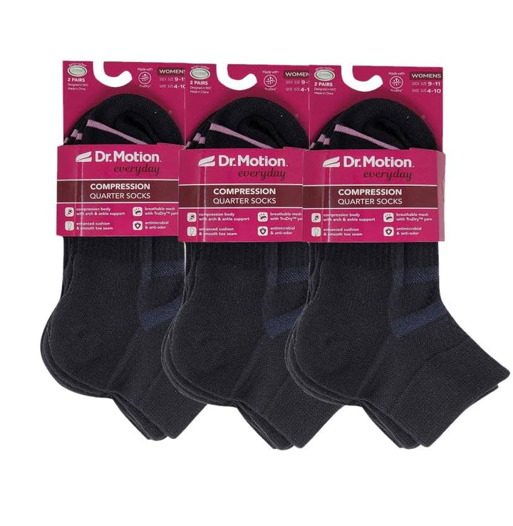 Dr. Motion Compression Quarter Socks For Women With Enhanced Cushion And Breathable Arch Support 6 Pairs (Black)