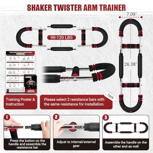 Image of Twister Arm Trainer, 90-120 lbs Adjustable Twister Arm Chest Exerciser with 2 /4 Spring & Poster for Men & Women, Detachable Power Twister Home Fitness Equipment for Enhancing Upper Body Muscle -Red