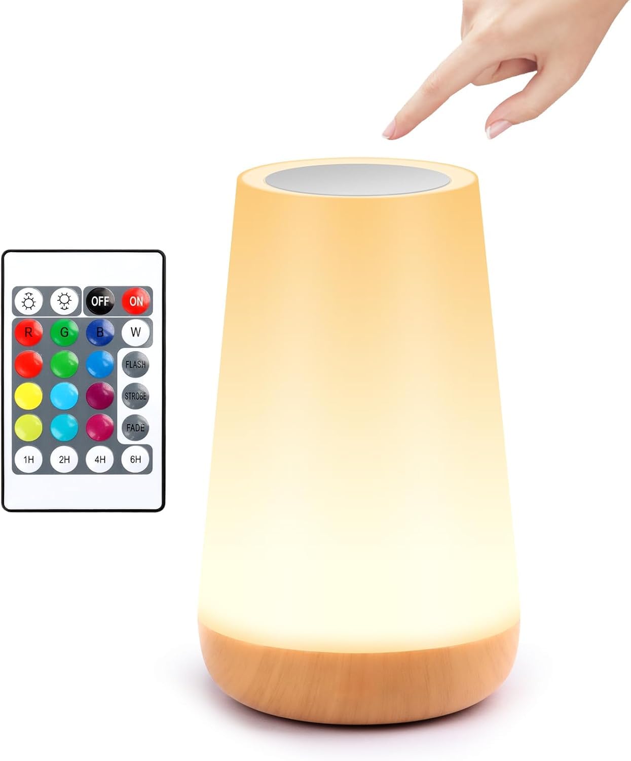 Lámpara Mesita Noche LED Recargable. Control Táctil y Remoto, 13 Colores, 5 Brillos, 3 Modos, Temporizador Automático, Luz Nocturna Inalámbrica para Dormitorio, Niños y Camping (Cónica)