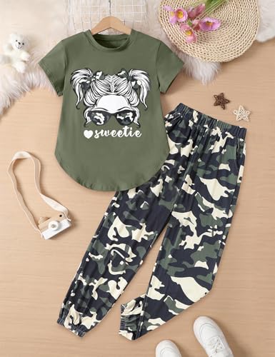 Image of Girls Outfits Short Sleeve Irregular Tops + Camouflage Long Legging Outfits 2PCs Summer Pant Sets 6-14T