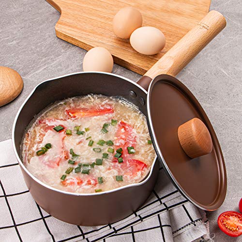 SKY LIGHT Sauce Pan 2 Quart, Nonstick Saucepan with Lid, Stone-Derived Granite Coating No-stick Saucier Pot, Ergonomics Wooden Handle, Pour Spouts Milk Pot, Induction Compatible, Brown