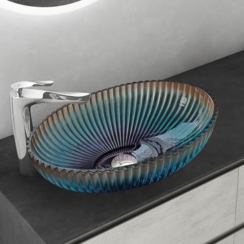 Mai & Mai Lavabo à Poser en Verre Lave-Mains Vasque Ovale à Poser Lavabo Bleu pour Salle de Bain WC d'Invités 50,5x35x14,5 cm Min04