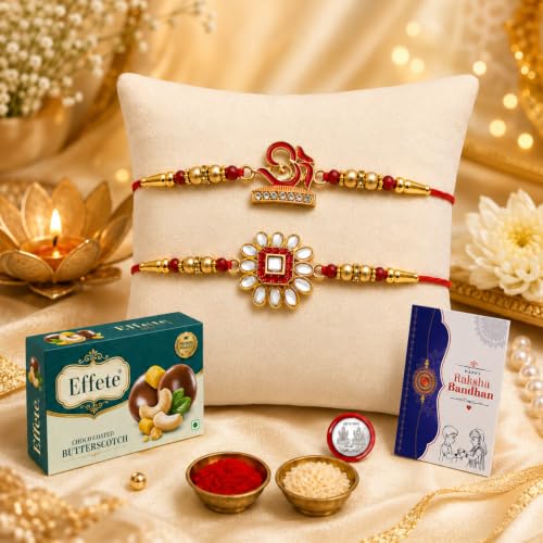 Image of Oblivion Designer Om Rakhi Set of 2 for Brother - Meenakari Design with Choco Coated Butterscotch Chocolate 32gm, Pooja Coin, Roli Chawal & Card | Rakhi with Chocolate Combo for Raksha Bandhan