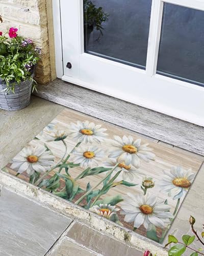 Image of Front Doormat Indoor Outdoor Entrance, Spring Summer Daisies Plants Floral Flowers Vintage Pastoral Wood Texture Brown Non-Slip Door Mats Low Profile Patio Porch Entryway Rugs, 16"x24"