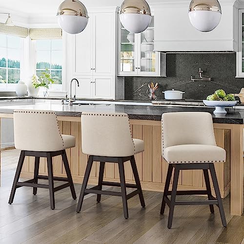 Cozyman 26 Inch Bar Stools Set of 3, Linen Color Swivel Counter Stools with Back, Linen Fabric Upholstered Barstools, Solid Wood Legs with Footrest, Modern Bar Stool for Kitchen Island, Pub Cozyman 26 Inch Bar Stools Set of 3, Linen Color Swivel Counter Stools with Back, Linen Fabric Upholstered Barstools, Solid Wood Legs with Footrest, Modern Bar Stool for Kitchen Island, Pub