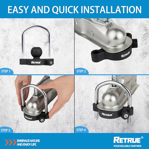 Image of RETRUE Universal Coupler Lock Trailer Locks Ball Hitch Trailer Hitch Lock Adjustable Security Heavy-Duty Steel Fits 1-7 /8 Inch, 2 Inch, 2-5 /16 Inch Couplers, Matte Black