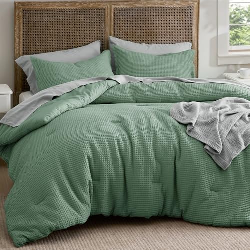 Image of Bedsure Waffle Comforter Set King, Green Soft Bedding, Waffle Weave Bed Set, 3 Pieces, 1 Comforter (104 inchx90 inch) and 2 Pillow Shams, Cotton Shell and Polyester Lining for All Seasons
