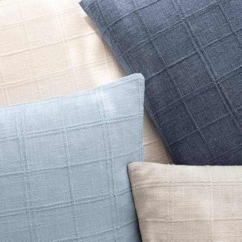 Image of Foindtower Set of 1 Decorative Linen Check Throw Pillow Cover Neutral Farmhouse Vintage Cushion Cover Modern Boho Accent Home Decor for Sofa Chair Couch Bedroom Living Room,20x20 Inch,Sky Blue