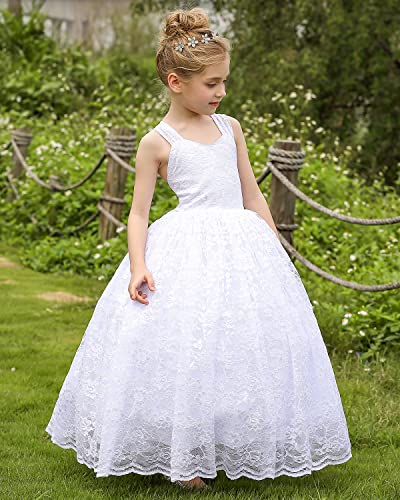 Spaghetti Strap Lace Flower Girl Dress Wedding Communion Pageant Ball Gowns Size 4,White #TOP2