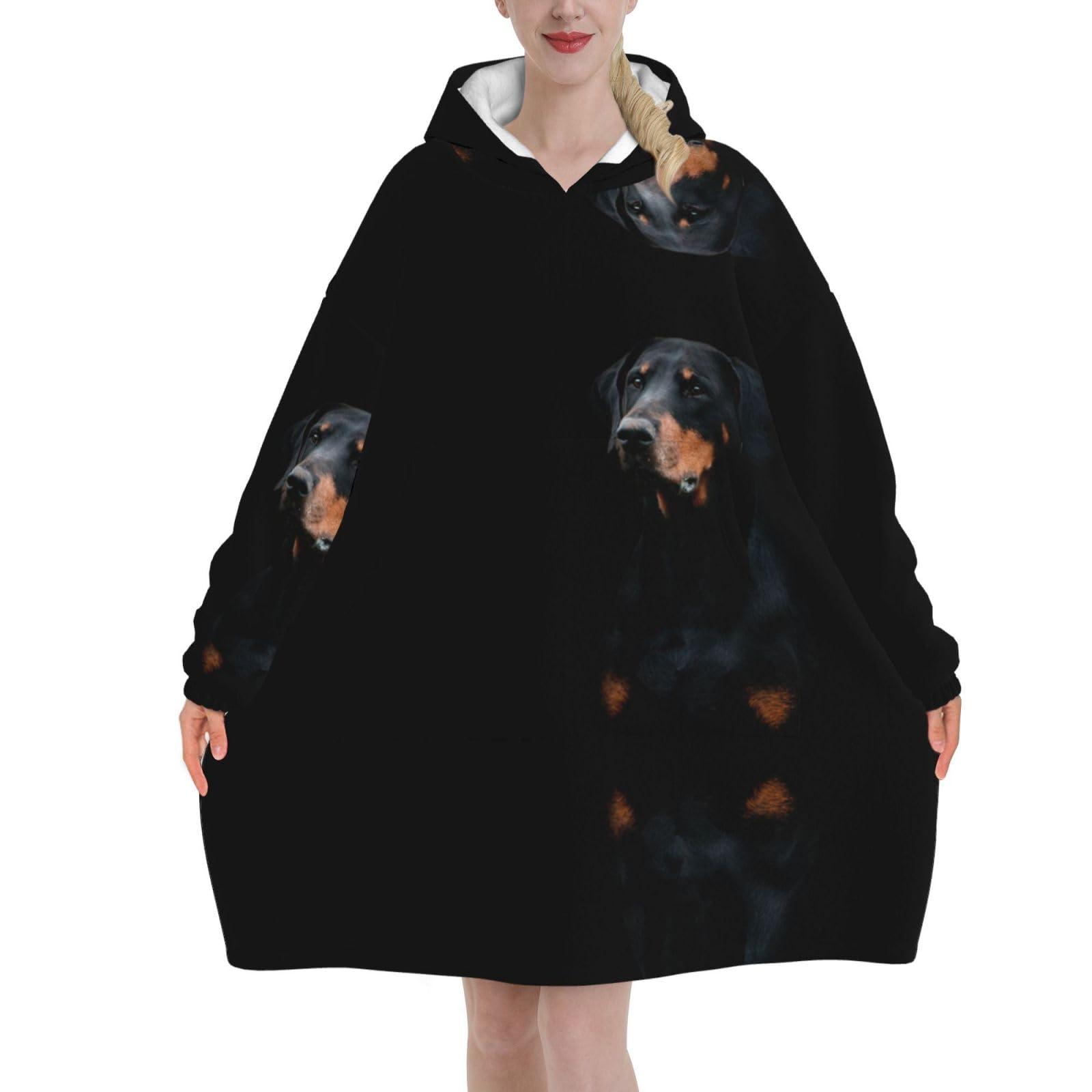 Doberman Pinscher Pets Dogs Black Dogs Doberman,Women's Oversized Wearable Blanket Hoodie, Blanket Sweatshirt,Flannel Pullover Blanket
