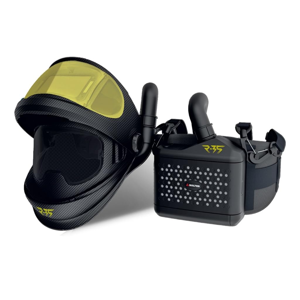 Solter HELLMET R-35 FLOW FLIP-UP – Careta de soldadura automática profesional con ventilación PAPR TH3P, visor abatible Flip-Up y filtro DIN 4-8/9-13 para máxima protección, confort y rendimiento
