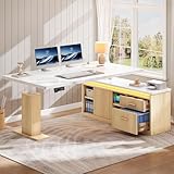YITAHOME L Shaped Standing Desk with Power Outlets & LED Lights, 63' Electric Standing Desk Adjustable Height Sit Stand Corner Standing Desks with Drawers & Sliding Door, High-Gloss White+Natural Oak