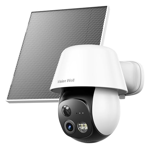 VISION WELL Solar Überwachungskamera Aussen 2K 360 PTZ WLAN IP Kamera Kabellos PIR Personenerkennung Farbnachtsicht Sirene & Lichtalarm 2-Wege-Audio IP65 Wetterfest SD/Cloud