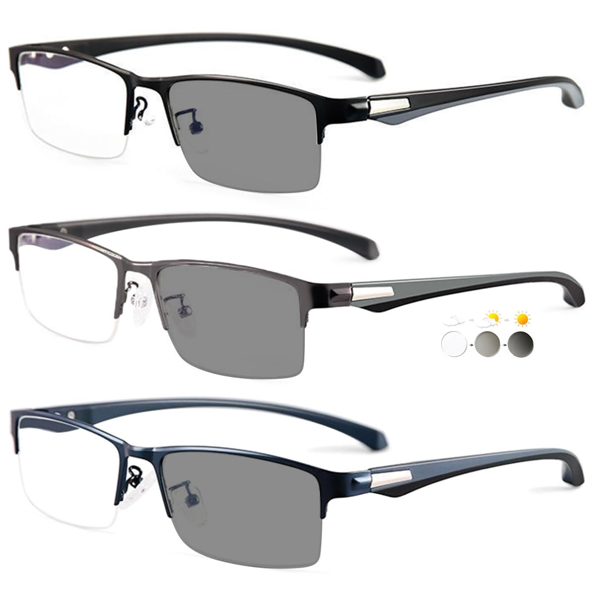 KOOSUFA Selbsttönende Lesebrille Blaulichtfilter Photochrome Herren Damen Metallrahmen Halbrandbrille mit UV-Schutz Sonnenlesebrille Lesehilfe 1.0 1.5 2.0 2.5 3.0 3.5 4.0