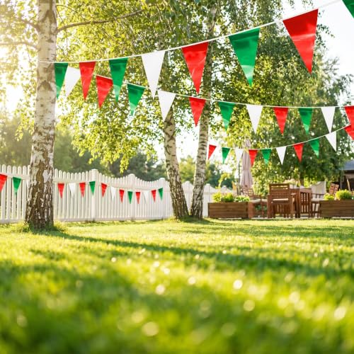 Image of 32.8FT White Green Red Glitter Triangle Pennant Banner Flag Metallic Bunting Outdoor Garland for Christmas Italy Mexican Birthday Baby Shower Wedding Banners,New Years Winter Decor Ouruola