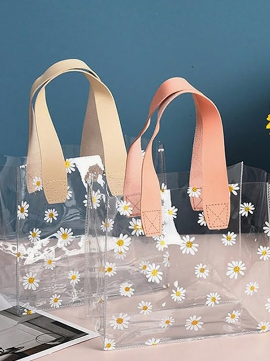 Image of SATYAM KRAFT Pack of 6 Transparent Reusable Leather Goodie Bags | Elegant Gift Bags for Her /Him Wedding Return Favors, Engagement Hampers, Marriage, Birthday & Festival Gifting | Handle Hamper Shopping Carry Bags (Flower Print (Pink))