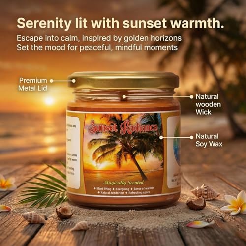 Image of Scented Candle (142g) | Sunset Radiance Glass Jar Scented Candles with Wooden Wick | Long Lasting Aromatic Fragrance for Home Decor