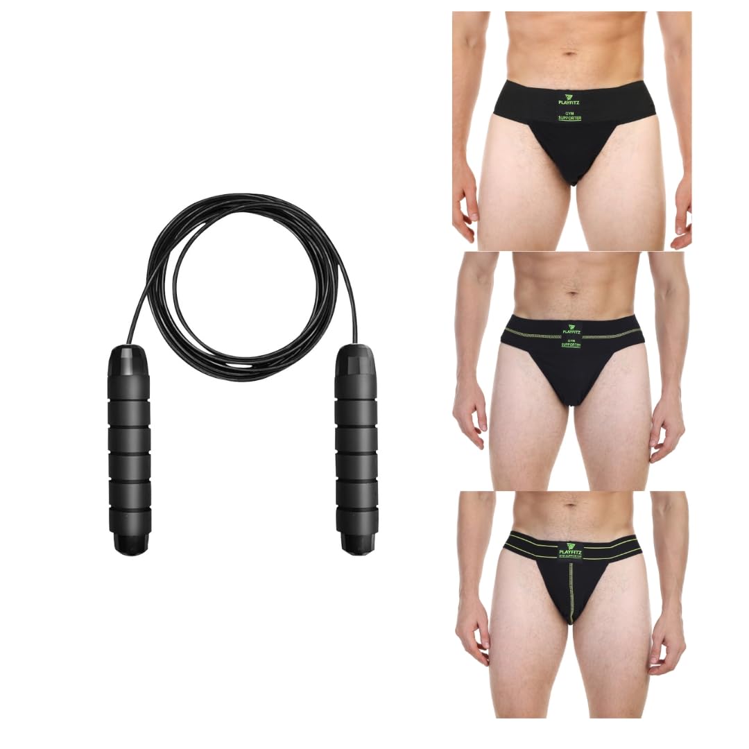 PLAYFITZ Men's Gym Supporter Combo with Cup Pocket (3 Pcs) & Zero Gravity Pro Skipping Rope - Moisture-Wicking Cotton Underwear for Workout, Cricket, Running, Athletic Sports (Black) - Size XL-image-35