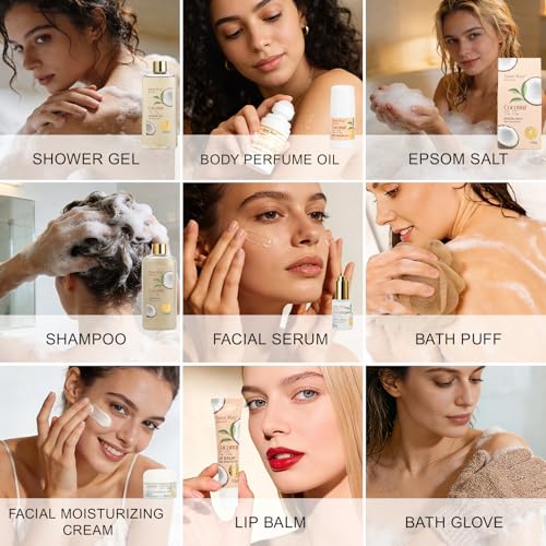 Image of Bath and Body Basket Set TEA TREE & COCONUT Spa Gift Basket for Women & Men | 30Pcs Unique Bath Gift Baskets Gifts, Home Spa Kit Christmas Gifts, Face Skin Care Kit, birthday gift baskets for Dad Mom