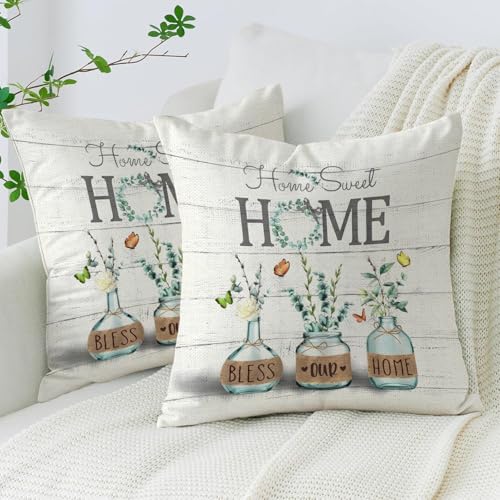AwzyGous Kissenbezug Grüne Pflanze Blatt 40x40 Sommer Kissenhülle Leinen Rustikal Sofakissen Moderne Eukalyptusblatt für Dekokissen für Sofa Schlafzimmer Couch Outdoor Garten Terrasse 2er Set
