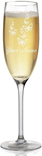 Copa de champán, mariposas, grabado personalizado incluido