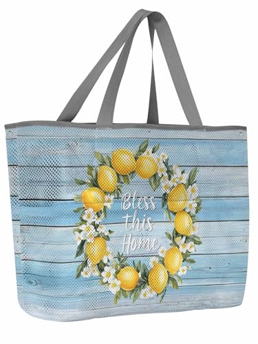 Beach Bags Women Mesh Tote Bag Farmhouse Lemon Flower Toy Grocery Pool Bag with Pockets for Travel/Picnic/Shower