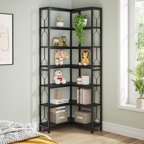 Image of Tribesigns Corner Shelf, 7-Tier Industrial Corner Bookshelf, Wood and Metal Corner Etagere Bookcase, Freestanding Display Shelf for Living Room, Kitchen, Home Office, Light Black